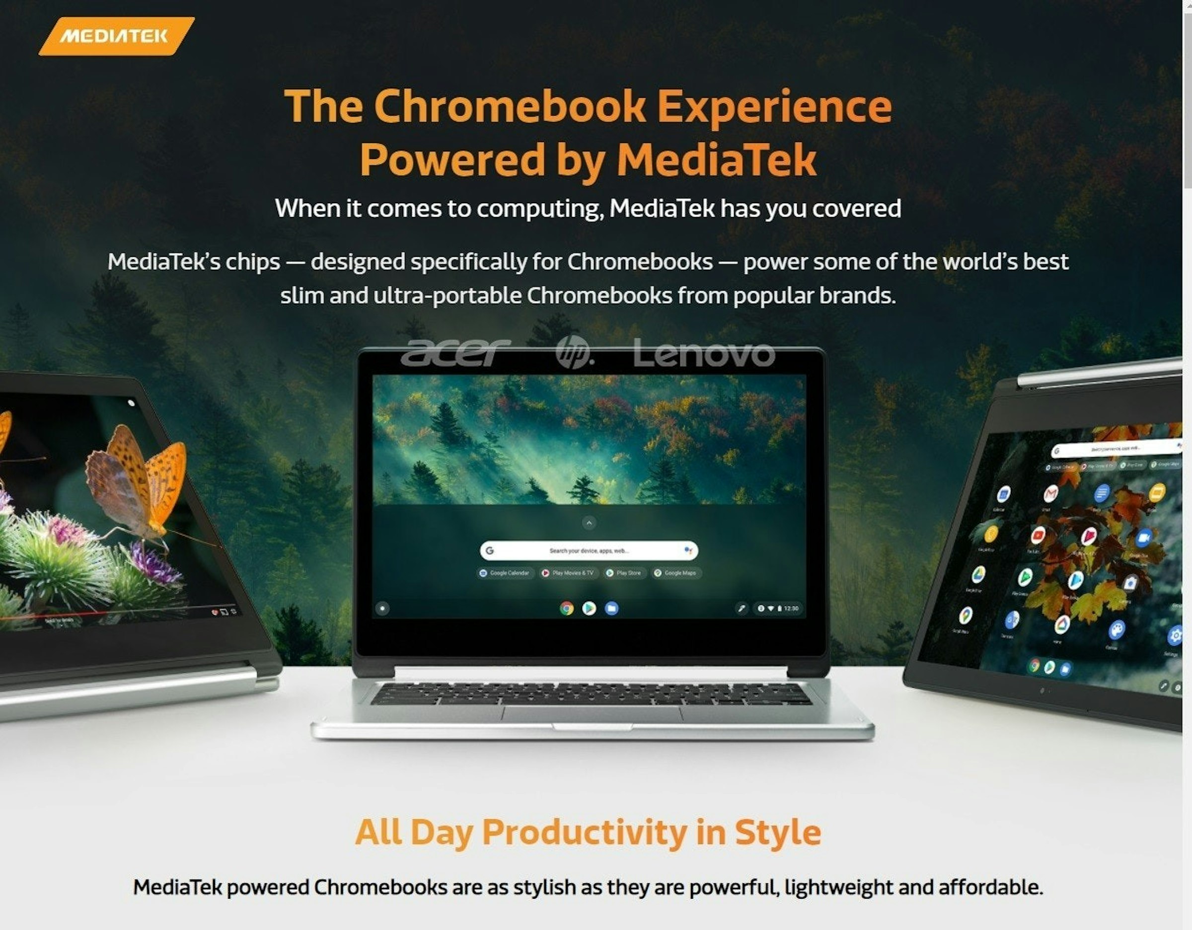 照片中提到了MEDIATEIK、The Chromebook Experience、Powered by MediaTek，跟聯發科有關，包含了顯示裝置、移動電話、聯發科技天璣、芯片組
