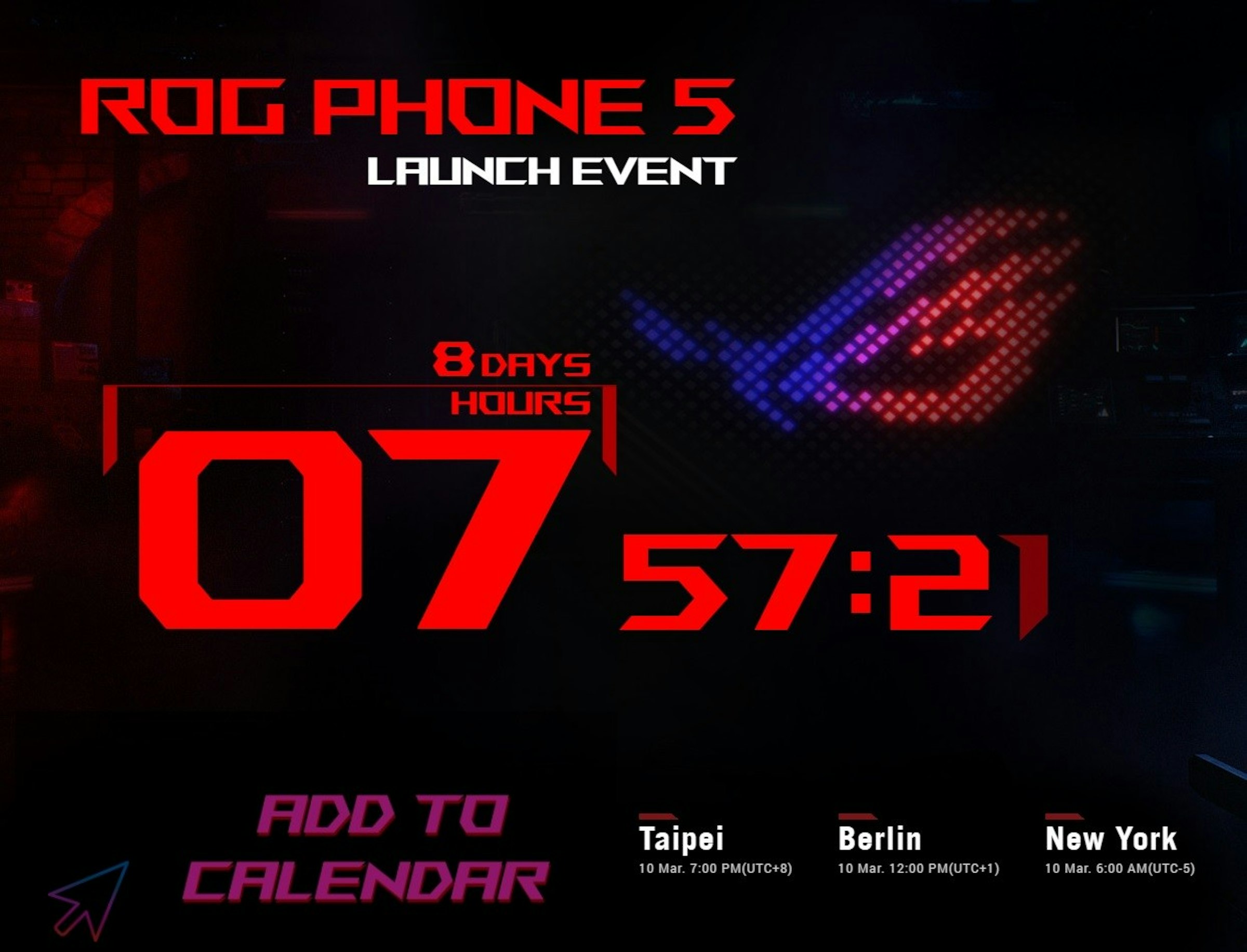 照片中提到了ROG PHONE 5、LAUNCH EVENT、8 DAYS，跟貝立茲公司、紐泰克有關，包含了氖、霓虹燈、電子標牌、圖形、顯示裝置