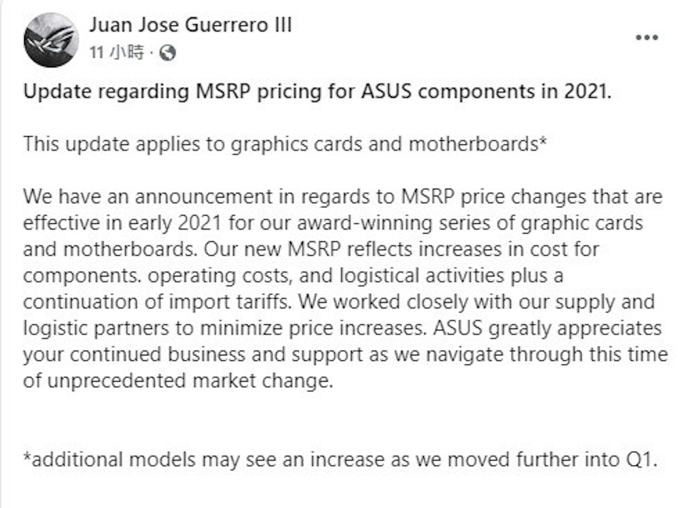 照片中提到了Juan Jose Guerrero III、11 小時,、Update regarding MSRP pricing for ASUS components in 2021.，包含了文獻、理念、露娜·洛夫古德（Luna Lovegood）、圖片、名稱