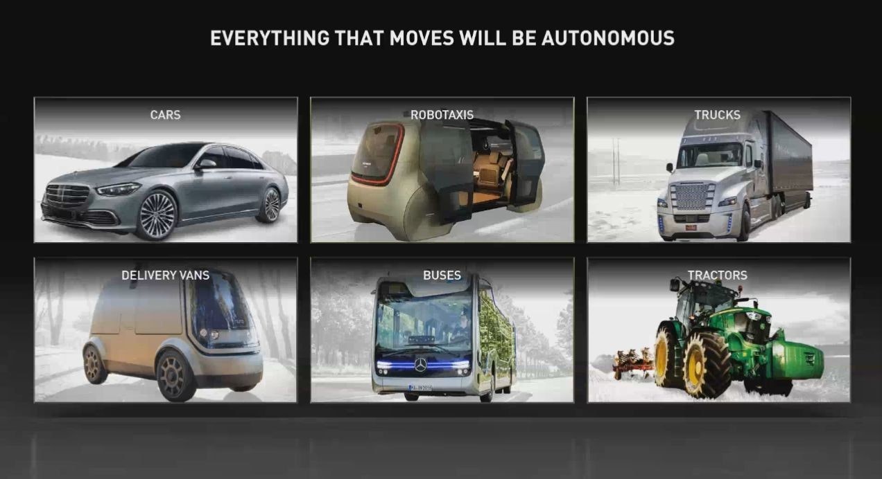 照片中提到了EVERYTHING THAT MOVES WILL BE AUTONOMOUS、CARS、ROBOTAXIS,包含了商用車、緊湊型車、商用車、汽車設計、汽車