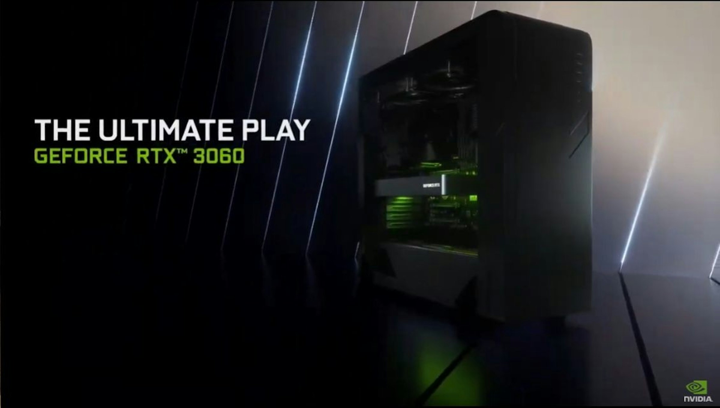 照片中提到了THE ULTIMATE PLAY、GEFORCE RTX™ 3060、NVIDIA.，包含了英偉達、電腦機箱、電腦、電腦硬件、個人電腦