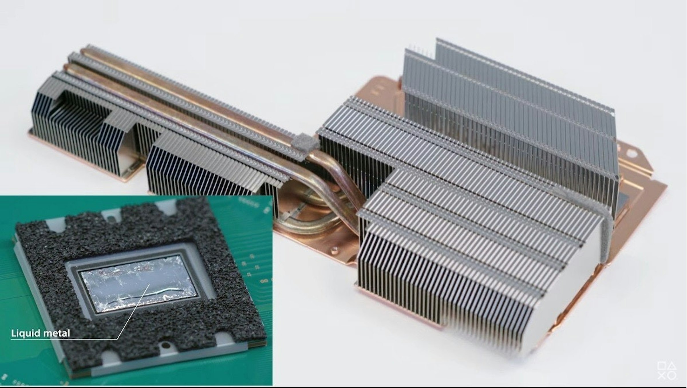 照片中提到了Liquid metal，包含了ps5散熱器、索尼PlayStation 5、散熱器、了索尼、的PlayStation 4