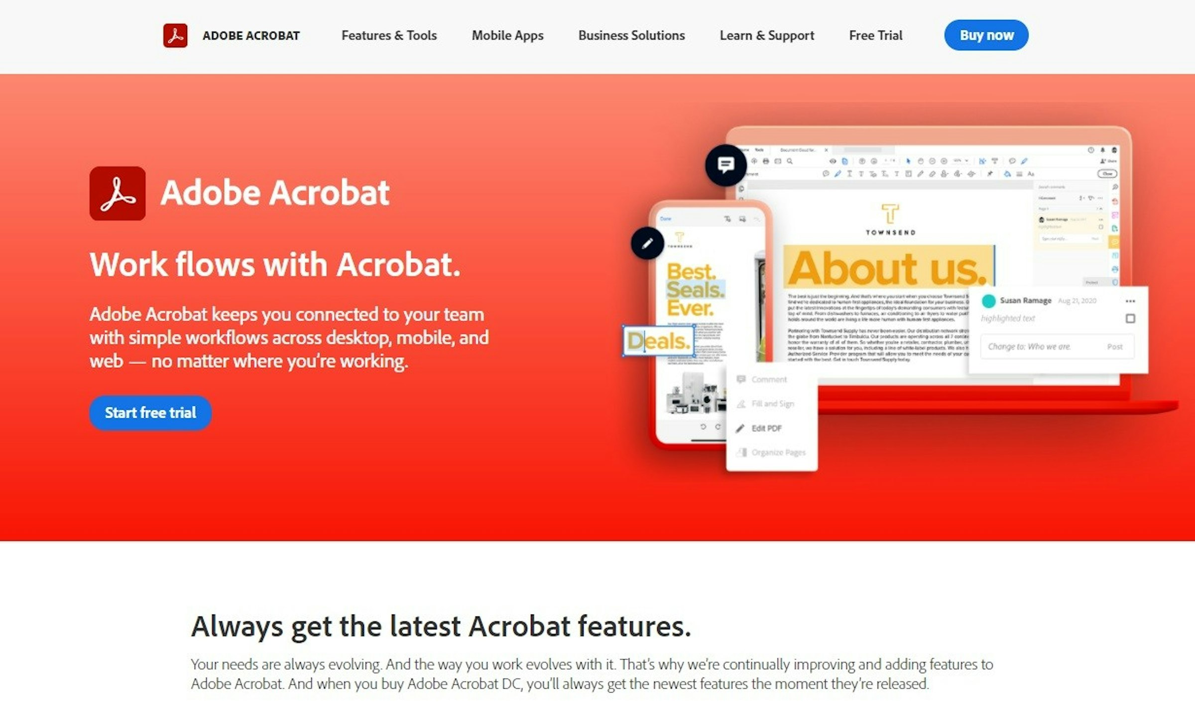 照片中提到了ADOBE ACROBAT、Features & Tools、Mobile Apps，包含了網頁、Adobe Acrobat、軟件、網頁、PDF格式