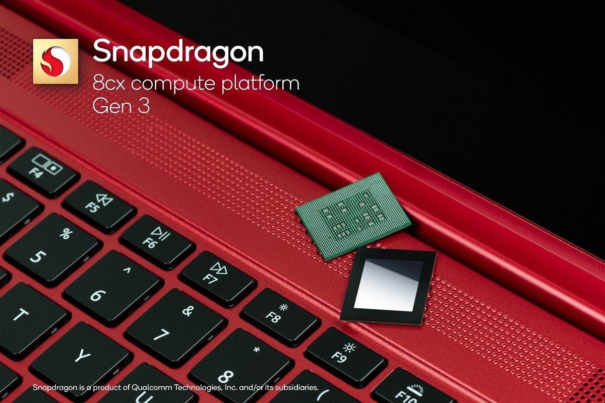 照片中提到了8cx compute platform、Gen 3、S Snapdragon，跟高通公司有關，包含了計算機鍵盤、計算機鍵盤、Surface Pro X、上網本