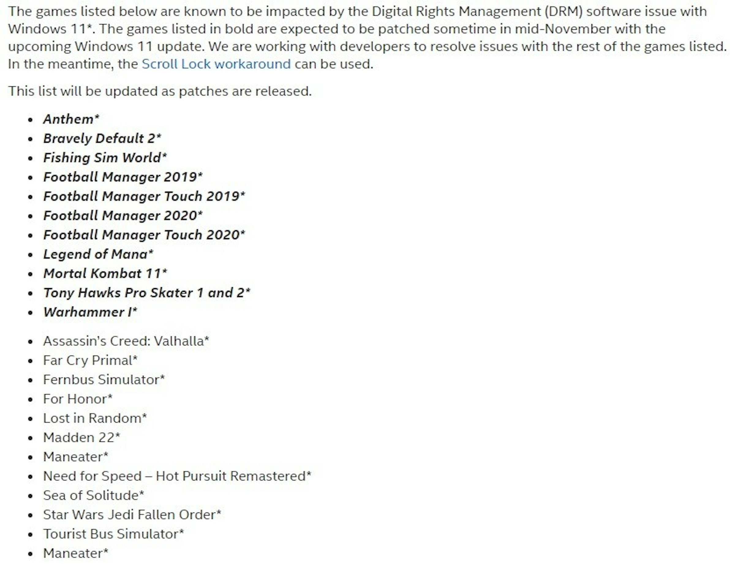 照片中提到了The games listed below are known to be impacted by the Digital Rights Management (DRM) software issue with、Windows 11*. The games listed in bold are expected to be patched sometime in mid-November with the、upcoming Windows 11 update. We are working with developers to resolve issues with the rest of the games listed.，包含了時間戳 php、聯邦快遞站、聯邦快遞、聯合包裹服務、郵件