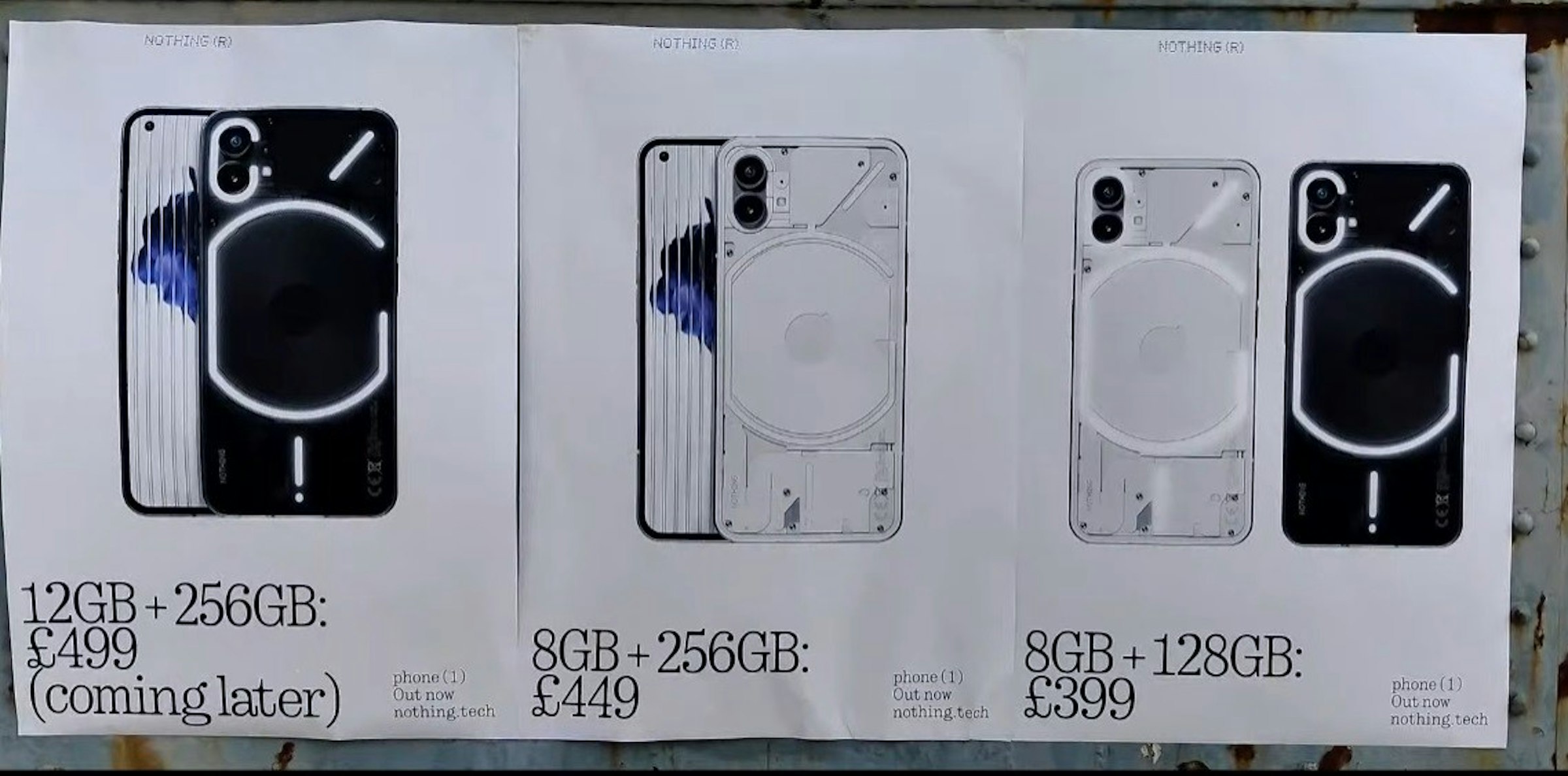 照片中提到了NOTHING (R)、12GB+256GB:、£499，包含了中央處理器、沒有電話 1、手機、高通公司、沒有什麼