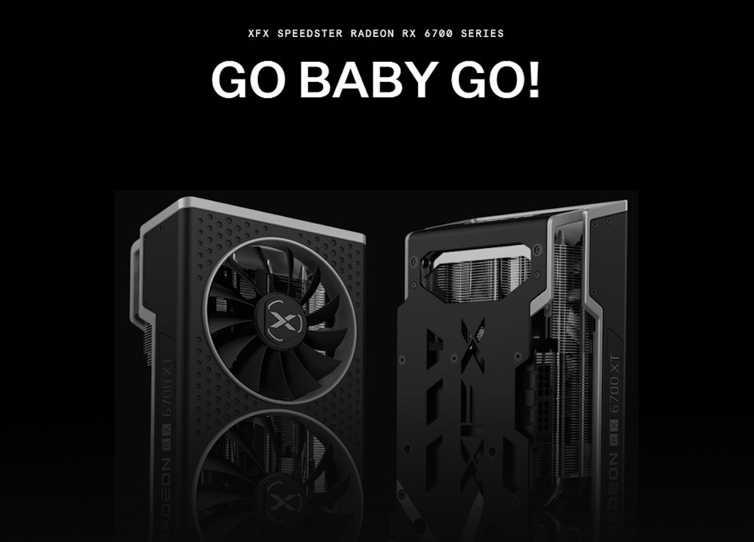 照片中提到了XFX SPEEDSTER RADEON RX 6700 SERIES、GO BABY GO!、EON RX 6700 X，跟iPhone X有關，包含了訊景、XFX Speedster QICK319 Radeon RX 6700 XT、XFX Speedster SWFT309、訊景、訊景