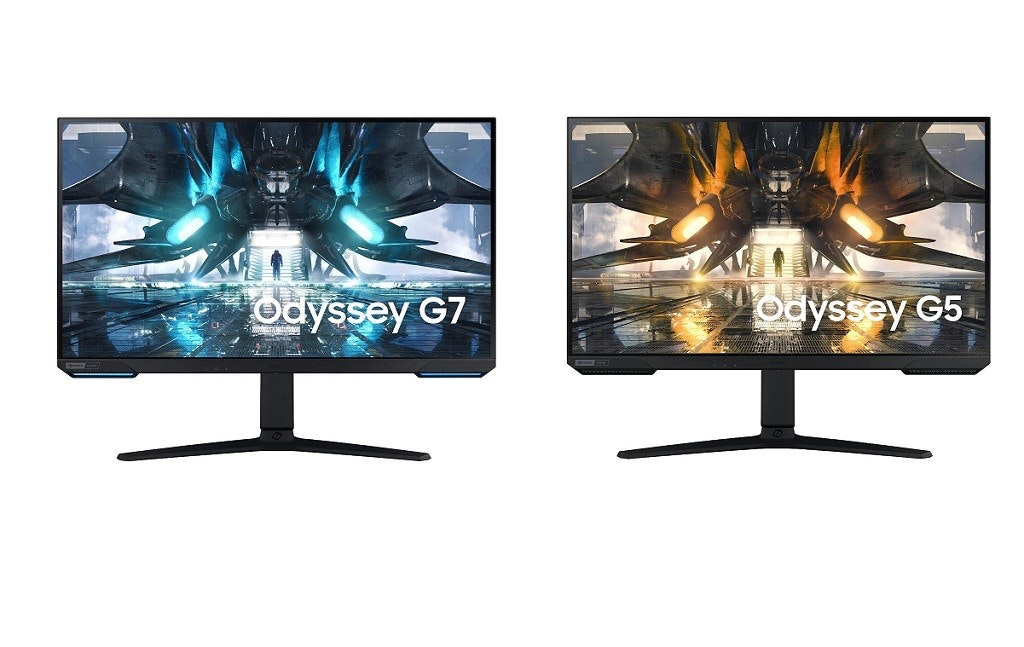 照片中提到了Odyssey G7、Odyssey G5，包含了三星奧德賽G7、三星奧德賽G7、240赫茲、遊戲電腦顯示器、三星 28&quot; Odyssey G70A 4K UHD LED 電競顯示器