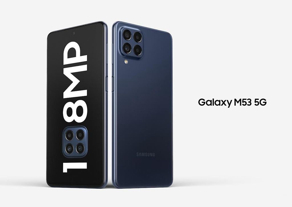 照片中提到了88、Galaxy M53 5G、SAMSUNG,包含了多媒體、電子配件、產品設計、電子產品、移動電話