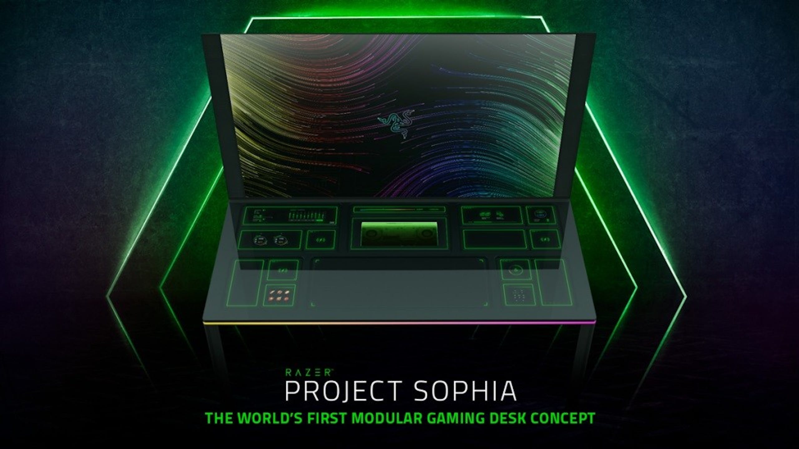 照片中提到了RAZER、PROJECT SOPHIA、THE WORLD'S FIRST MODULAR GAMING DESK CONCEPT，包含了雷蛇公司、消費電子展 2022、遊戲機、雷蛇公司、雷蛇