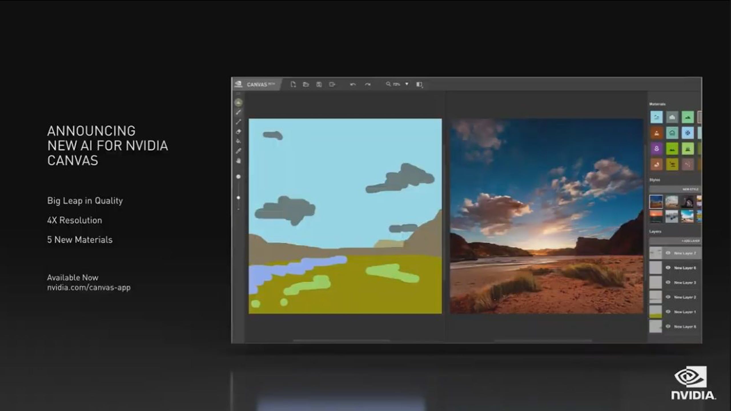 照片中提到了CANVAS、ANNOUNCING、NEW AI FOR NVIDIA，跟英偉達有關，包含了多媒體、電腦顯示器、多媒體、片劑、電腦