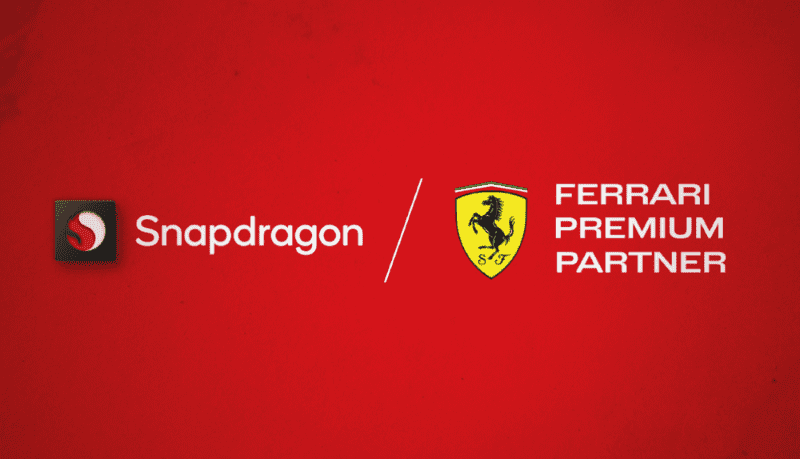 照片中提到了FERRARI、O Snapdragon、PREMIUM，跟法拉利車隊、高通公司有關，包含了法拉利車隊、商標、字形、牌