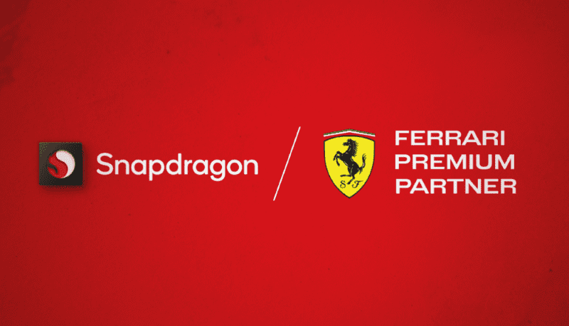 照片中提到了FERRARI、O Snapdragon、PREMIUM,跟法拉利車隊、高通公司有關,包含了法拉利車隊、商標、字形、牌