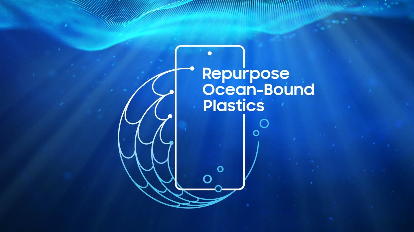 照片中提到了Repurpose、Ocean-Bound、Plastics,跟NES國際學校有關,包含了水、水、塑料、回收利用、三星