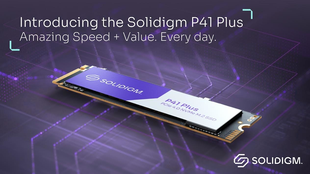 照片中提到了Introducing the Solidigm P41 Plus、Amazing Speed + Value. Every day.、SOLIDIGM,跟薩特勒有關,包含了固態硬盤、SK hynix Platinum P41 PCIe NVMe Gen4 M.2 2280 內置 SSD l 高達 7,000MB/S l Compact M.2 SSD 外形 SK hynix SSD、PCI Express、英特爾、2 TB