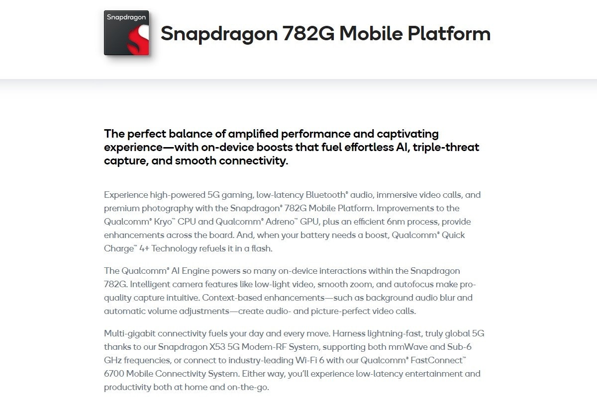 照片中提到了Snapdragon、Snapdragon 782G Mobile Platform、The perfect balance of amplified performance and captivating，跟斯特納線有關，包含了文獻、產品、產品設計、牌、字形