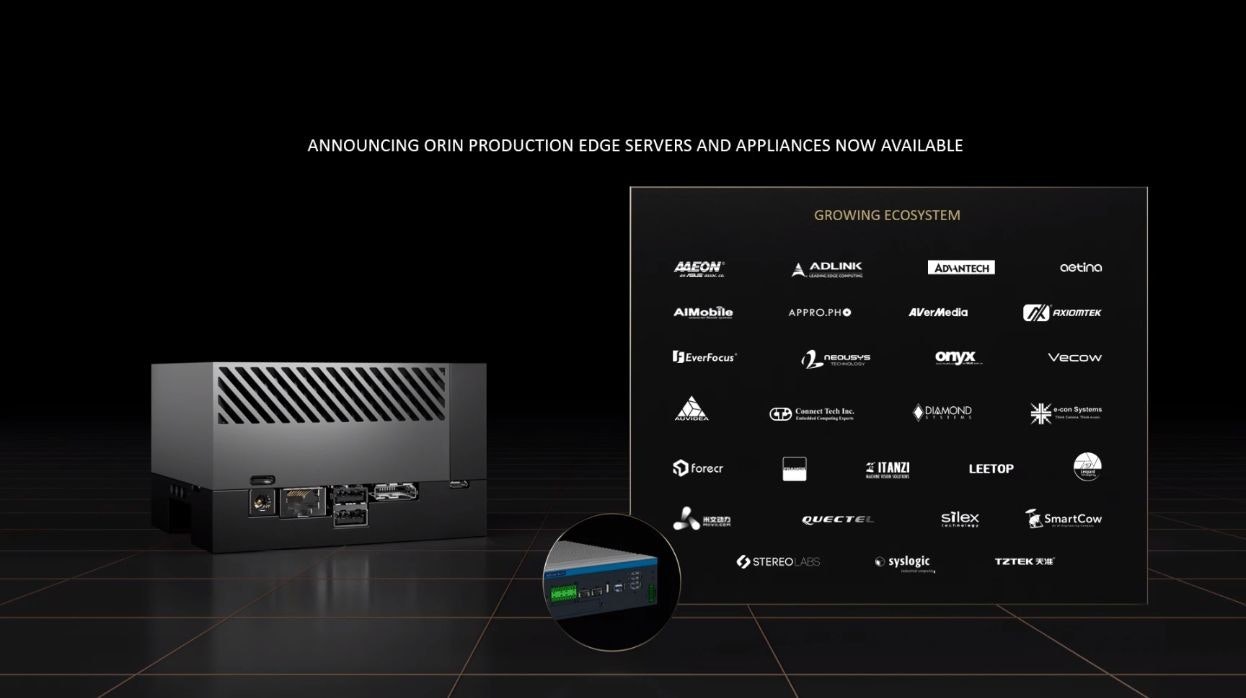照片中提到了ANNOUNCING ORIN PRODUCTION EDGE SERVERS AND APPLIANCES NOW AVAILABLE、GROWING ECOSYSTEM、AAEON,包含了多媒體、電子產品、產品、產品設計、設計