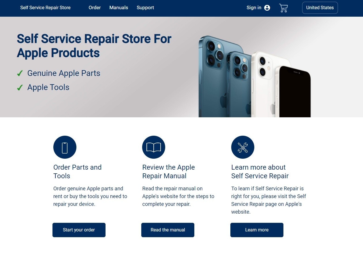 照片中提到了Self Service Repair Store、Order Manuals Support、Self Service Repair Store For，包含了網站、iPhone 12、蘋果、iPhone 13、蘋果iPhone SE