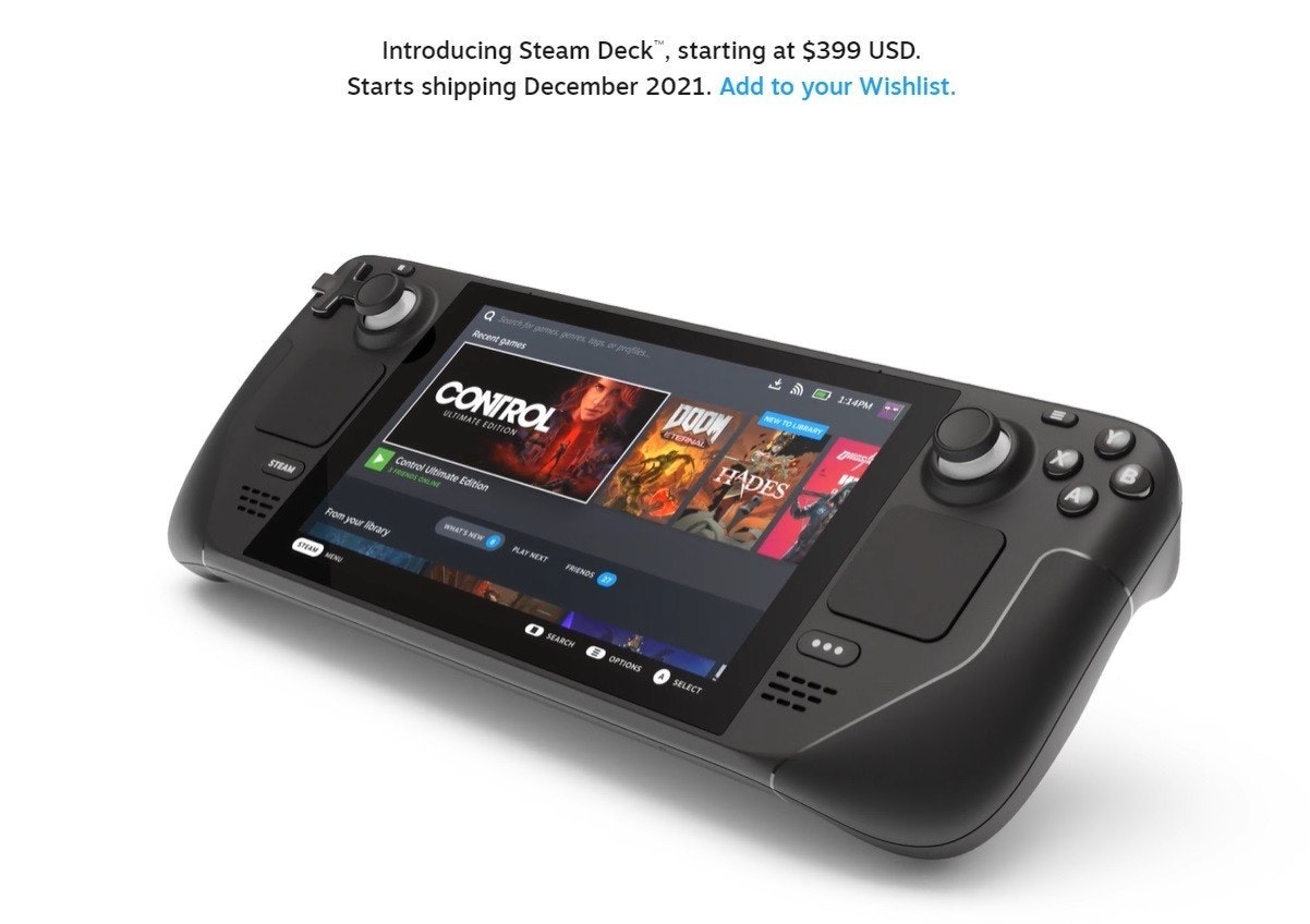 照片中提到了Introducing Steam Deck", starting at $399 USD.、Starts shipping December 2021. Add to your Wishlist.、* O 1:14PM,跟康拉德電子有關,包含了蒸汽甲板、蒸汽甲板、掌上游戲機、閥門公司、史詩遊戲