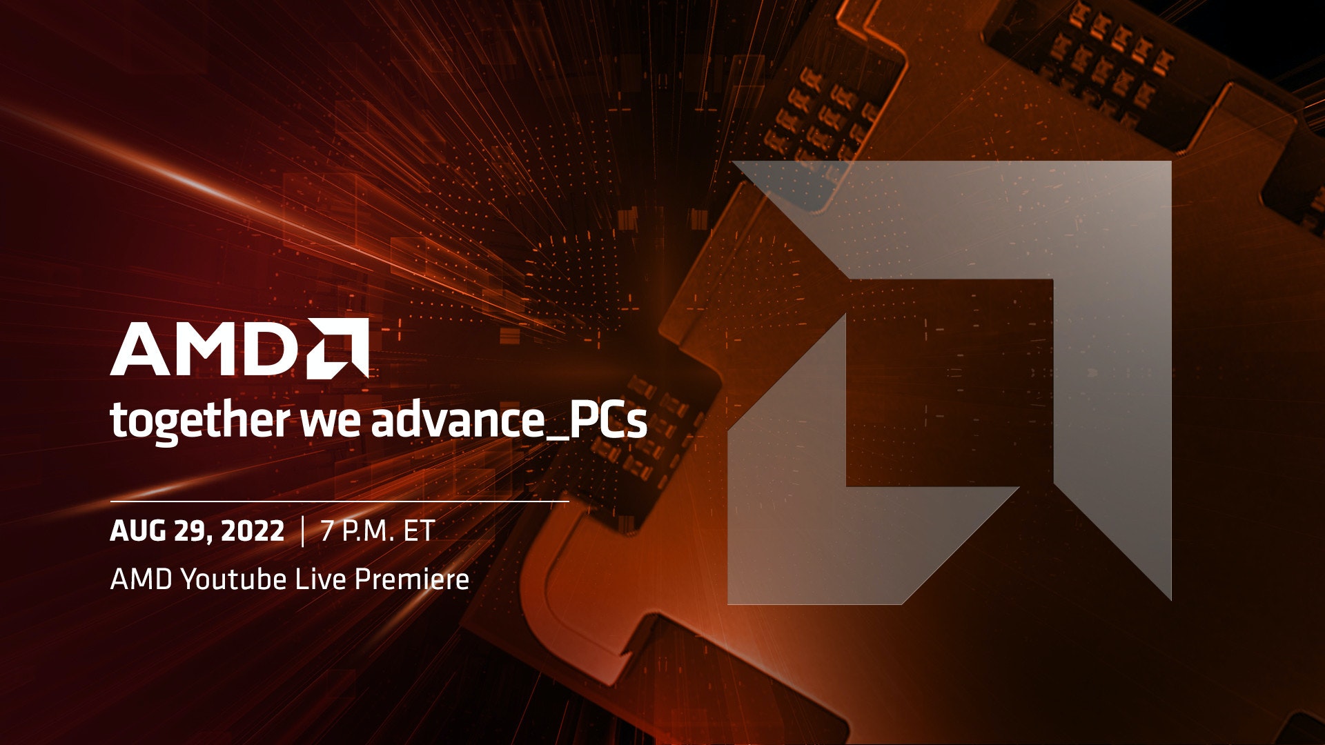 照片中提到了AMD、together we advance_PCs、AUG 29, 2022 | 7 P.M. ET，跟Advanced Micro Devices公司有關，包含了AMD A10、平面設計、光、字形、設計