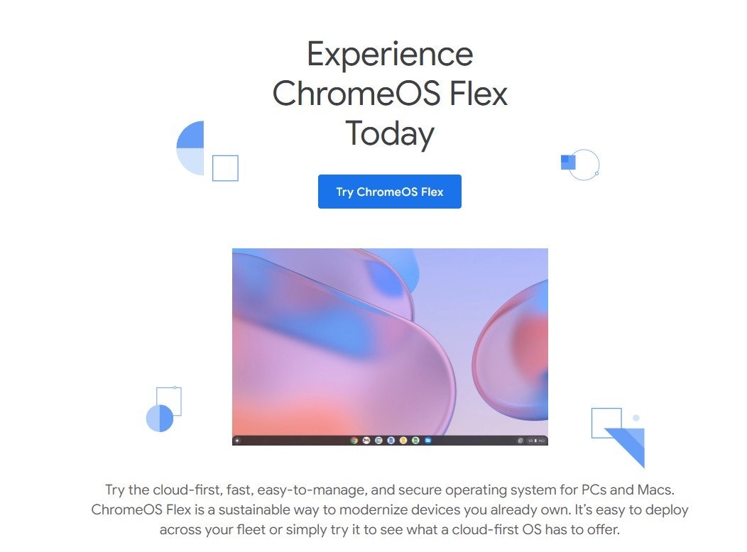 照片中提到了Experience、ChromeOS Flex、Today，包含了chrome os flex 試試、Chrome OS、操作系統、谷歌瀏覽器、Chromebook