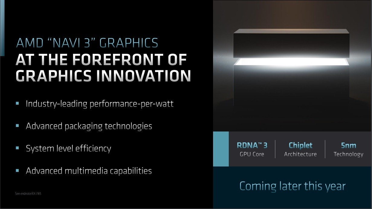照片中提到了AMD "NAVI 3" GRAPHICS、AT THE FOREFRONT OF、GRAPHICS INNOVATION,包含了多媒體、Advanced Micro Devices公司、電腦硬件、圖形處理單元、遊戲機