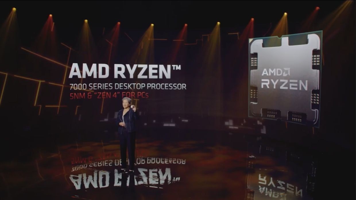 照片中提到了AMD RYZEN™、AMDE、RYZEN，跟Advanced Micro Devices公司有關，包含了AMD銳龍7000系列、2022國際消費電子展、AMD銳龍7、中央處理器