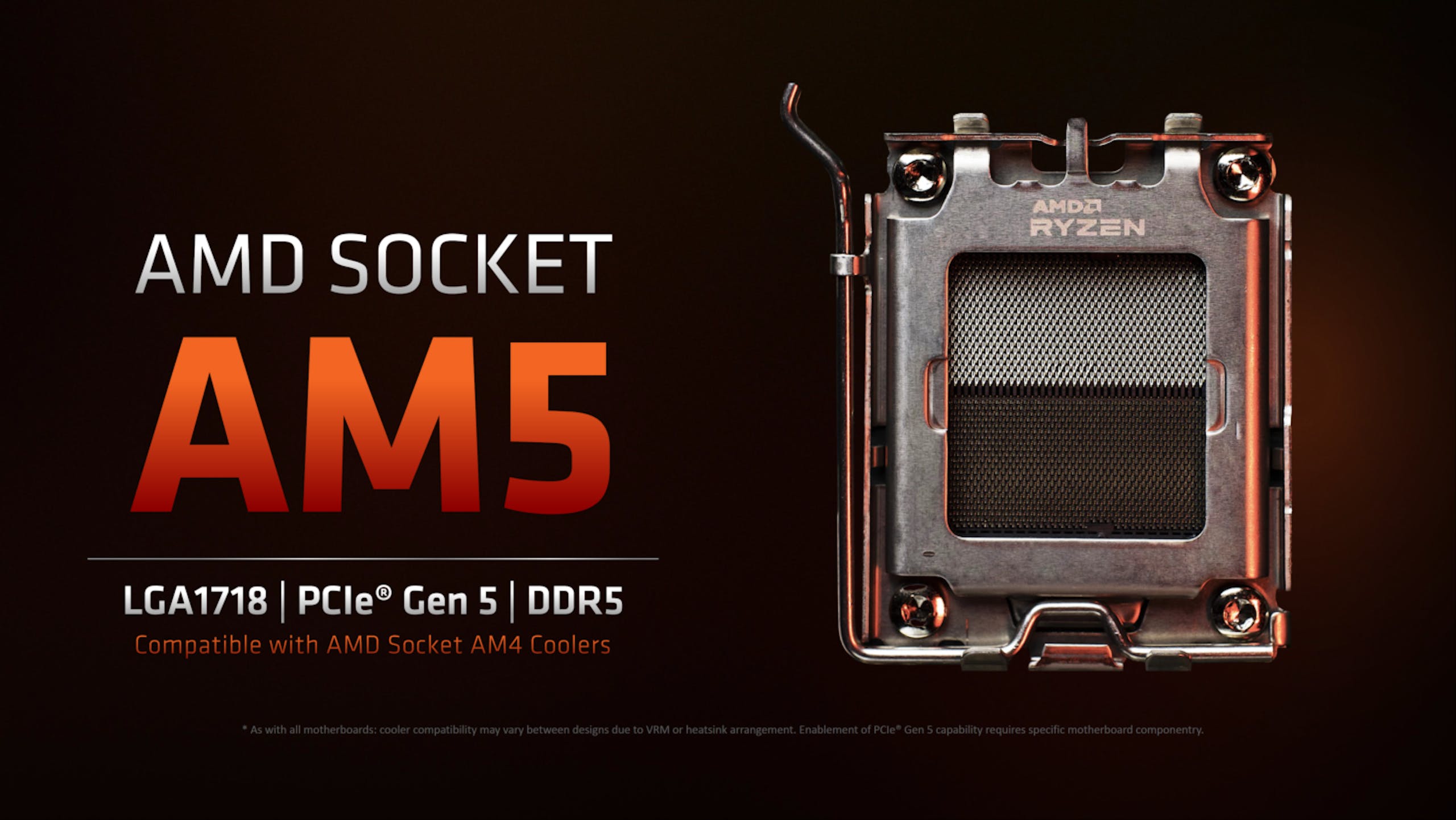 照片中提到了AMDA、RYZEN、*As with all motherboards: cooler compatibility may vary between designs due to VRM or heatsink arrangement. Enablement of PCIe® Gen 5 capability requires specific motherboard componentry.,跟Advanced Micro Devices公司、科羅拉多州立大學有關,包含了AMD AM5、插座AM4、插座 AM5、雷岑