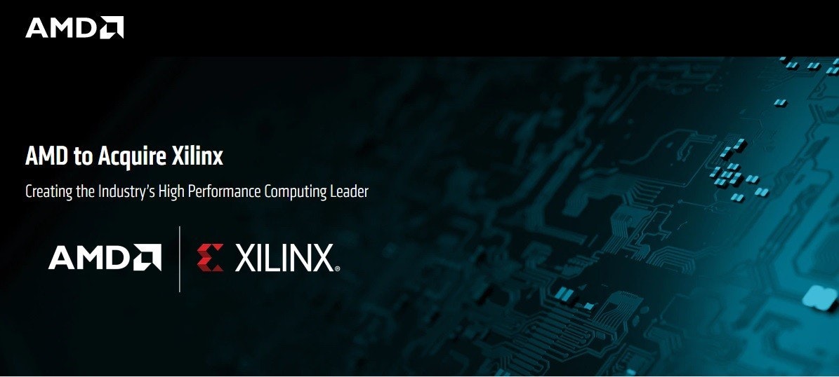 照片中提到了AMDA、AMD to Acquire Xilinx、Creating the Industry's High Performance Computing Leader，跟Advanced Micro Devices公司、Advanced Micro Devices公司有關，包含了AMD公司、平面設計、賽靈思、癮科技、併購