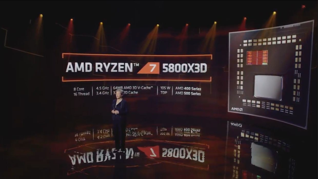 照片中提到了AMD RYZEN 7 5800X3D、%3D、4.5 GHz | 64MB AMD 30 V-Cache"，包含了記分牌、電子標牌、記分牌、顯示裝置、字形