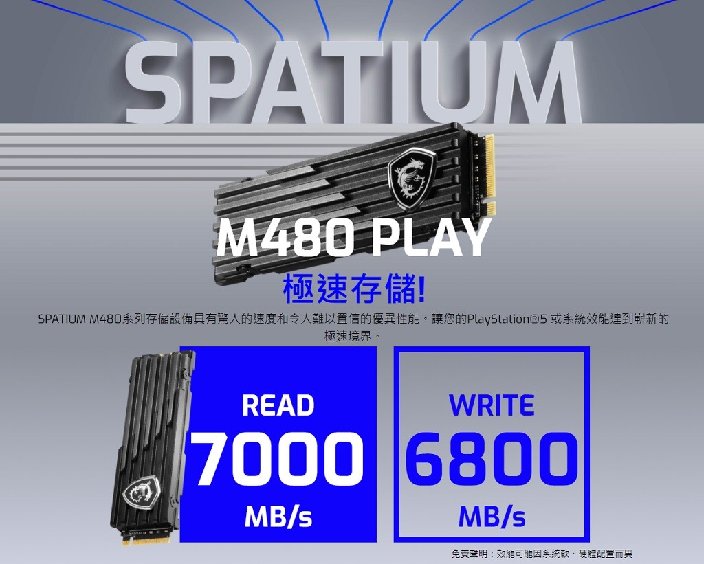 微星針對PlayStation 5 推出開箱可用的SPATIUM M480 PLAY 固態硬碟