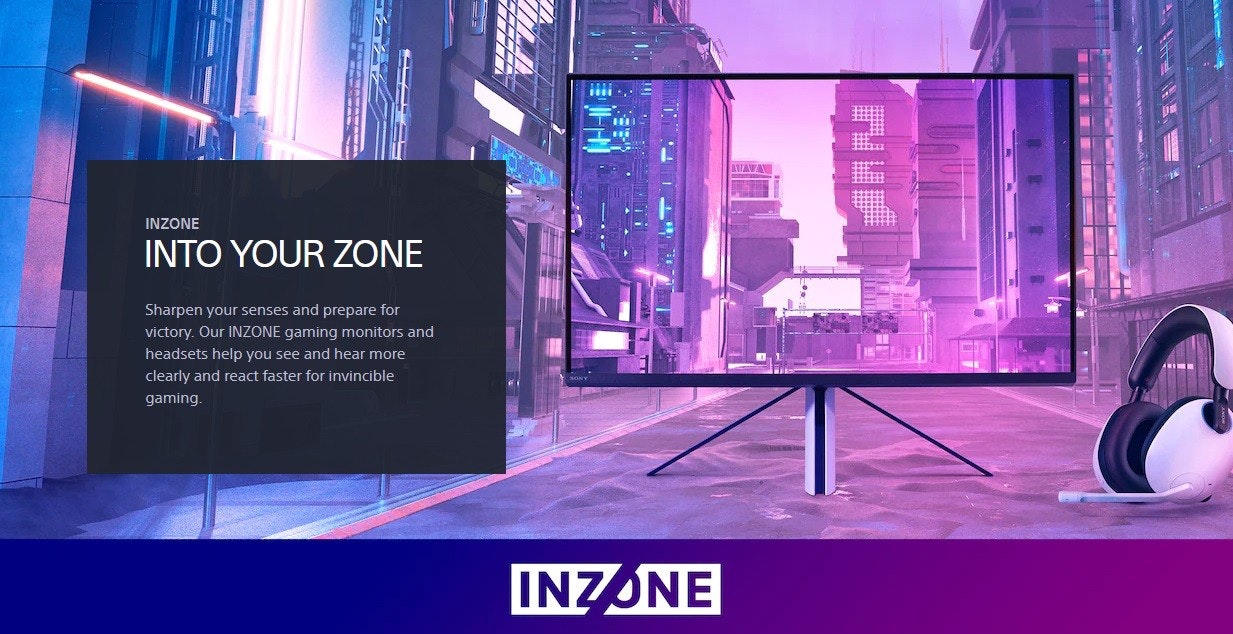 照片中提到了INZONE、INTO YOUR ZONE、Sharpen your senses and prepare for,跟康祖姆有關,包含了顯示裝置、顯示裝置、數碼展示廣告、紫色、牌