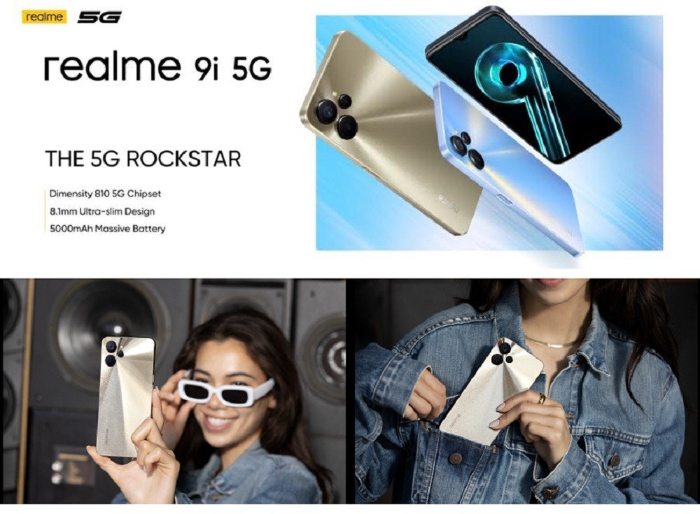 照片中提到了realme SG、realme 9i 5G、THE 5G ROCKSTAR，包含了小工具、墨鏡、風鏡、產品設計、牌