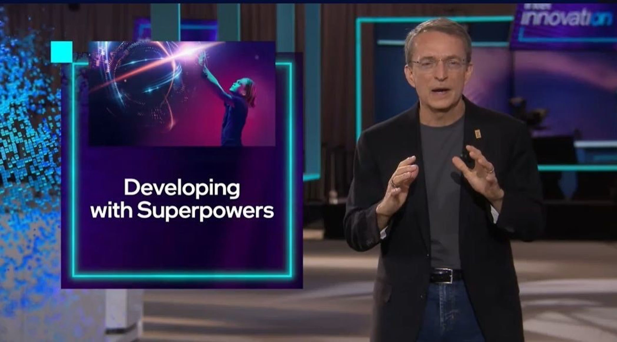 照片中提到了movation、Developing、with Superpowers，跟電影愛好者有關，包含了英特爾、帕特里克·P·蓋辛格、英特爾、台積電、英特爾核心
