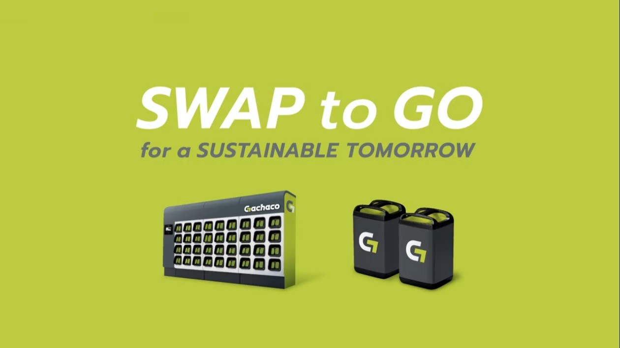 照片中提到了SWAP to GO、for a SUSTAINABLE TOMORROW、Gachaco，包含了通訊、產品、產品設計、商標、字形