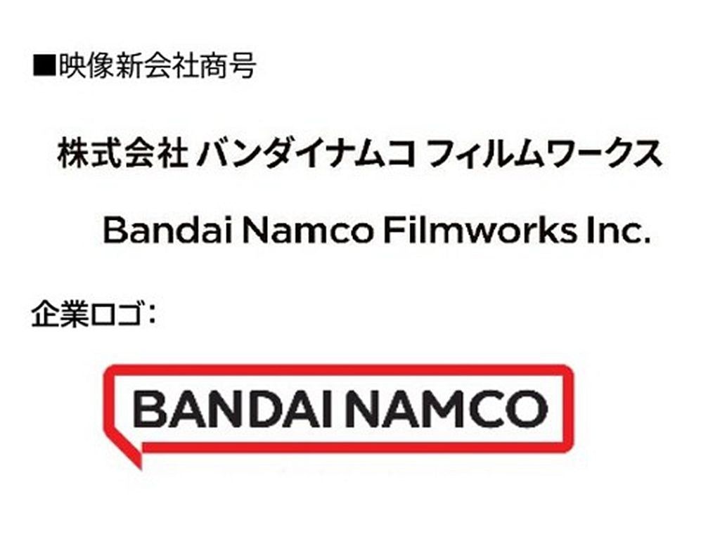 照片中提到了■映像新会社商号、株式会社バンダイナムコフィルムワークス、Bandai Namco Filmworks Inc.，跟普羅杜班科有關，包含了書直播、字形、產品、線、牌