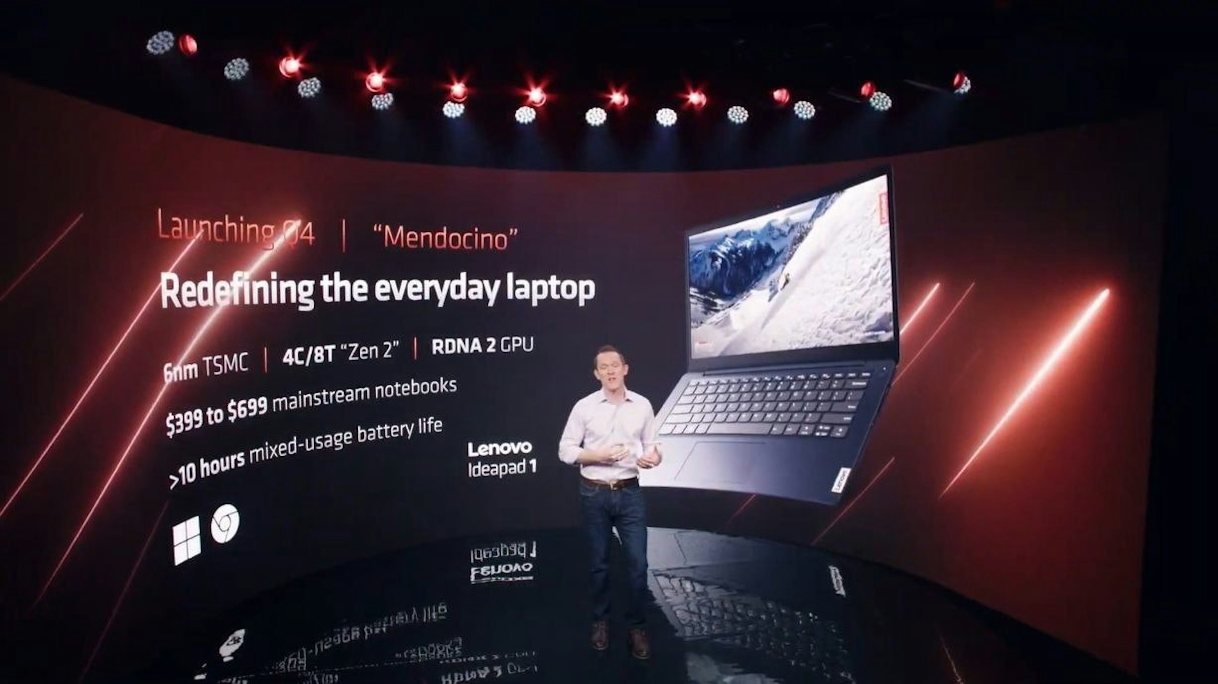 照片中提到了Launching 4 | "Mendocino"、Redefining the everyday laptop、6mm TSMC 4C/8T "Zen 2" | RDNA 2 GPU，包含了筆記本電腦、筆記本電腦、雷岑、中央處理器、禪宗2