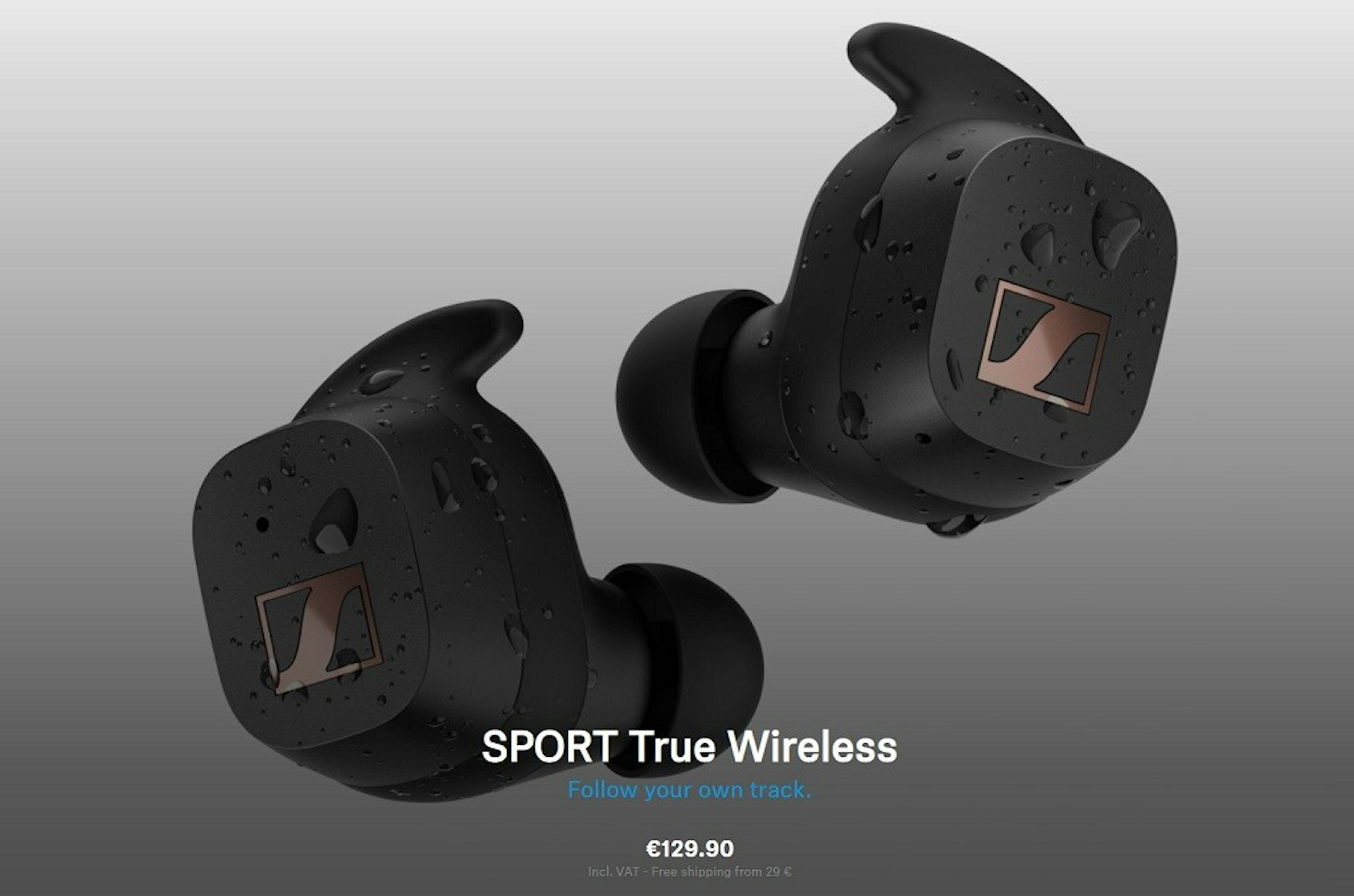 照片中提到了SPORT True Wireless、Follow your own track.、€129.90，跟森海塞爾有關，包含了個人保護設備、個人保護設備、車輛設計師、音響器材、設備