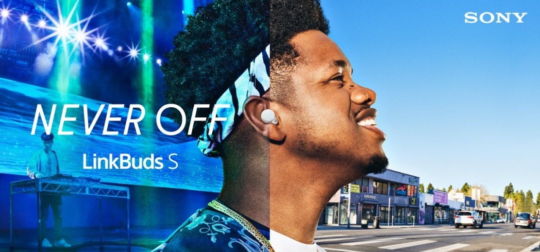 照片中提到了SONY、NEVER OFF、LinkBuds S,跟了索尼有關,包含了了索尼、麥克風、索尼 LinkBuds、索尼公司、索尼商店福岡天神