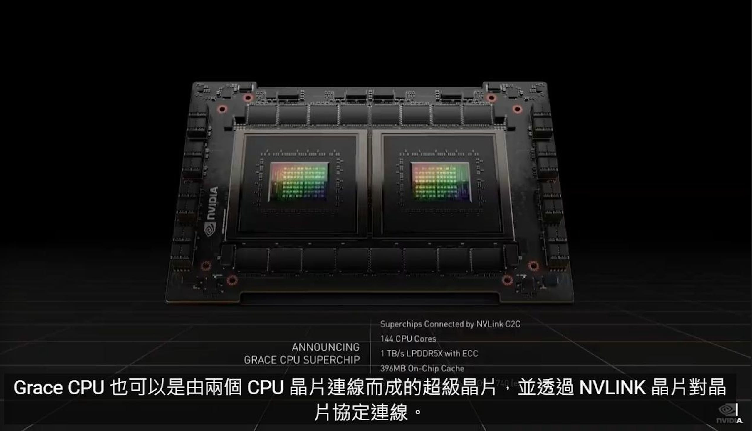照片中提到了NVIDIA、Superchips Connected by NVLink C2C、144 CPU Cores，包含了恩典 cpu 超級芯片、中央處理器、英偉達、ARM 架構家族、圖形處理單元