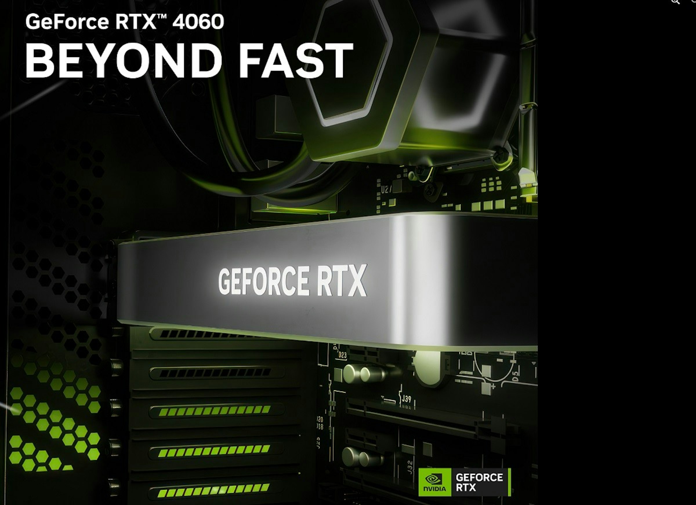 照片中提到了GeForce RTX™ 4060、BEYOND FAST、11，跟英偉達有關，包含了超過這一點的車輛、電腦硬件、電子產品、多媒體、中央處理器
