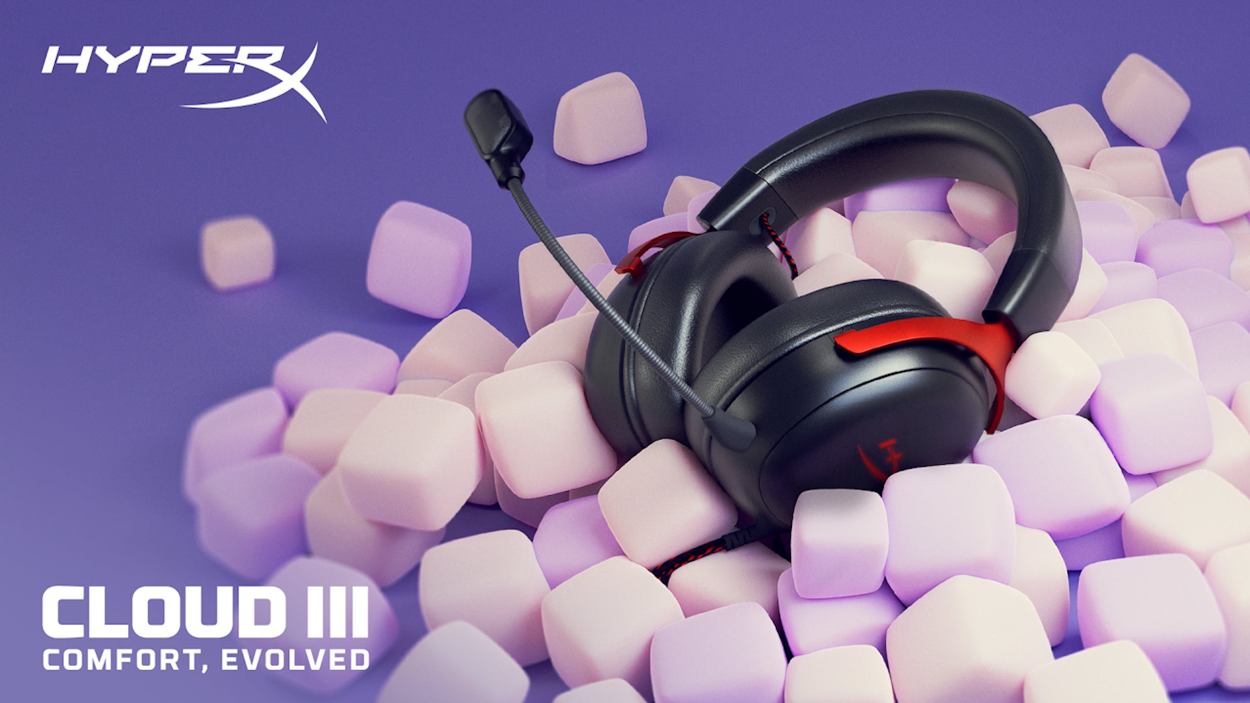 照片中提到了HYPER、CLOUD III、COMFORT, EVOLVED,跟布魯高級有關,包含了超級、HyperX Cloud II、金士頓 HyperX Cloud Alpha S、遊戲耳機、麥克風