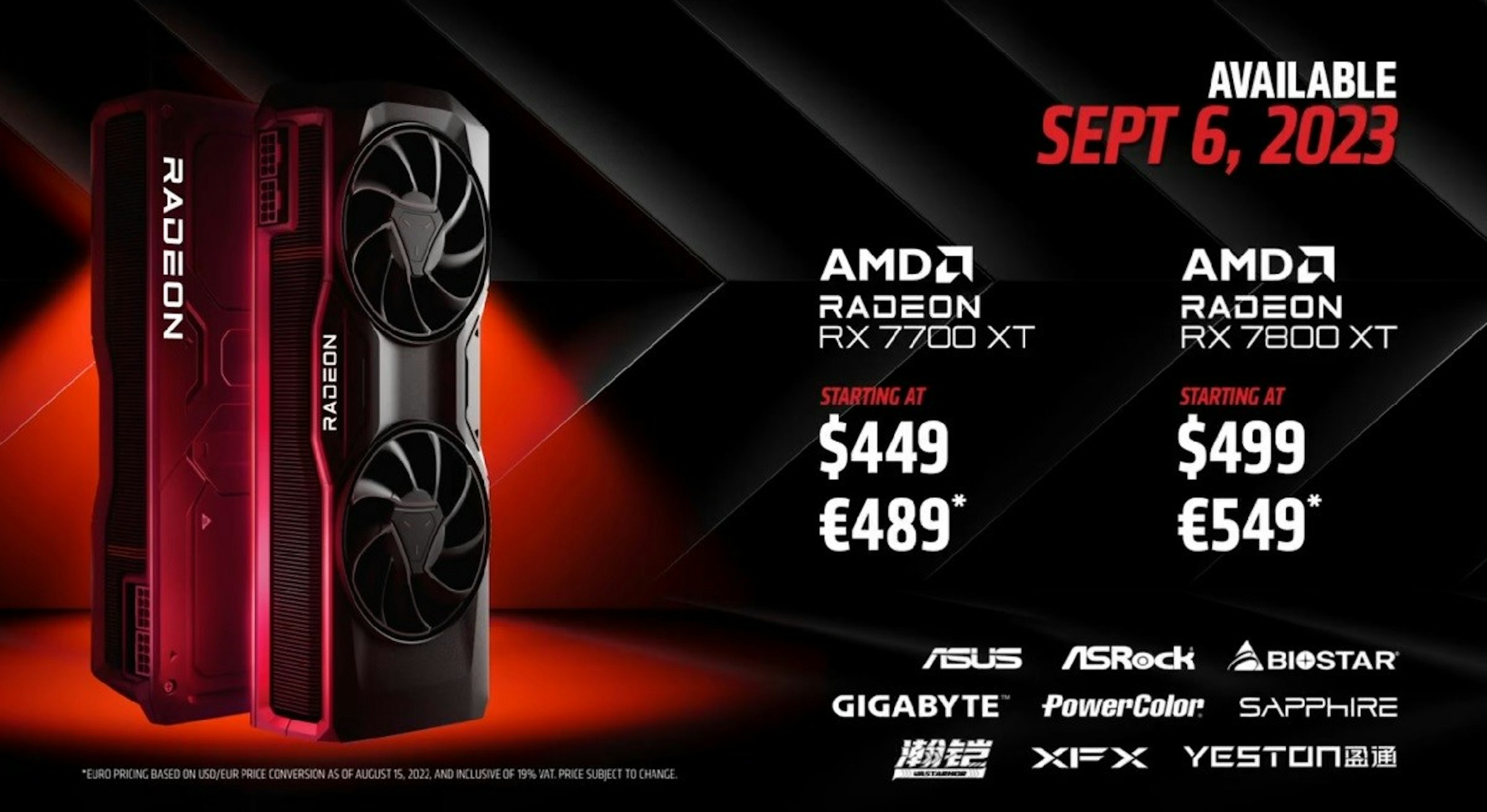 照片中提到了RADEON、RADEON、"EURO PRICING BASED ON USD/EUR PRICE CONVERSION AS OF AUGUST 15, 2022, AND INCLUSIVE OF 19% VAT. PRICE SUBJECT TO CHANGE，包含了AMD公司、產品、產品設計、牌、設計