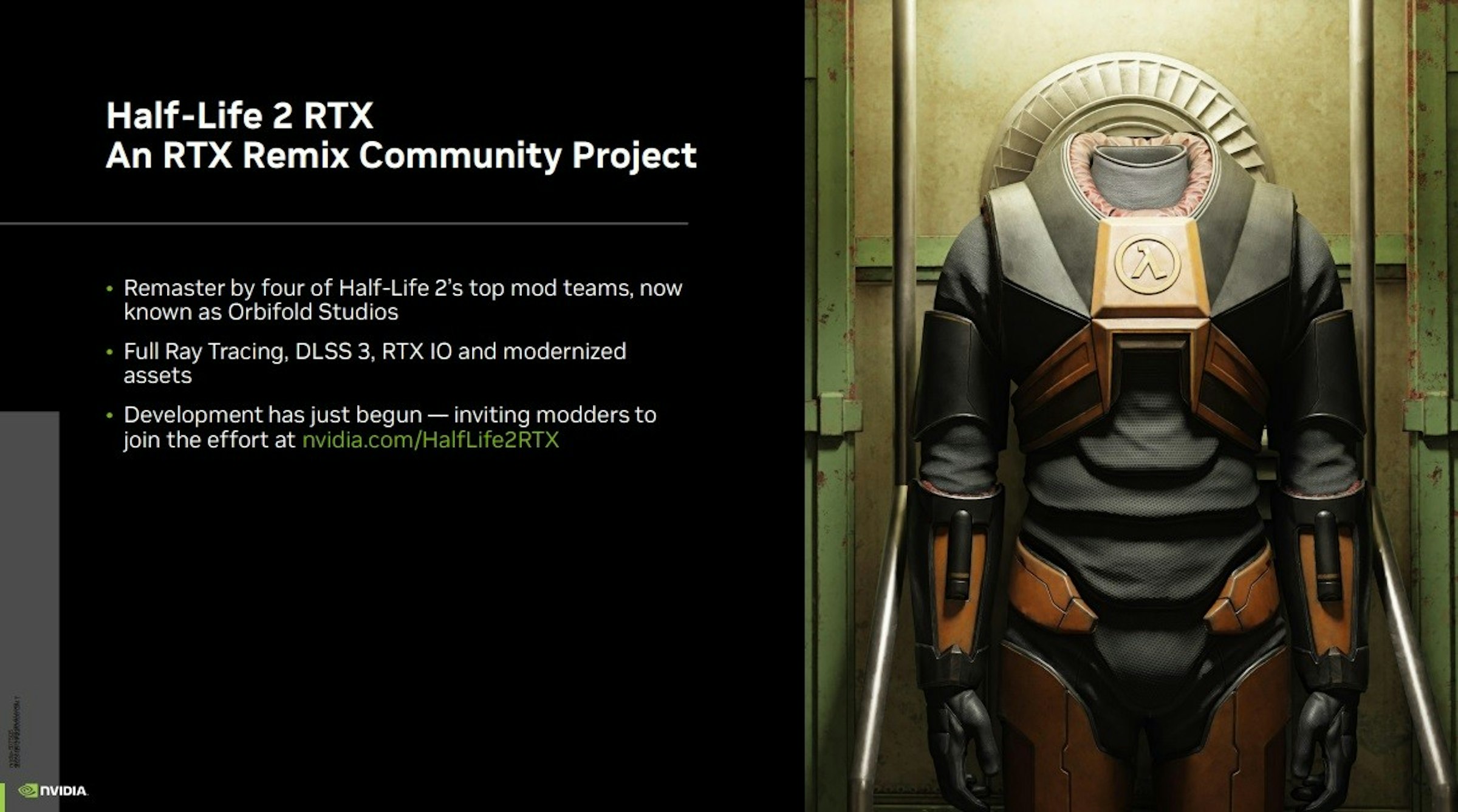 照片中提到了NVIDIA、Half-Life 2 RTX、An RTX Remix Community Project，包含了盔甲、產品、盔甲、文本、儀表