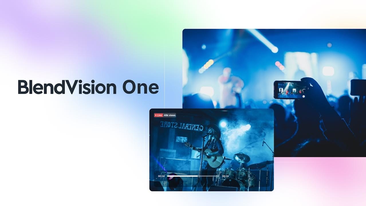 照片中提到了Blend Vision One、Live 48k views、ЗНОТ2 ЈАЯЗИЗӘ,包含了西德·巴雷特藝術、平面設計、多媒體、數碼展示廣告、顯示裝置
