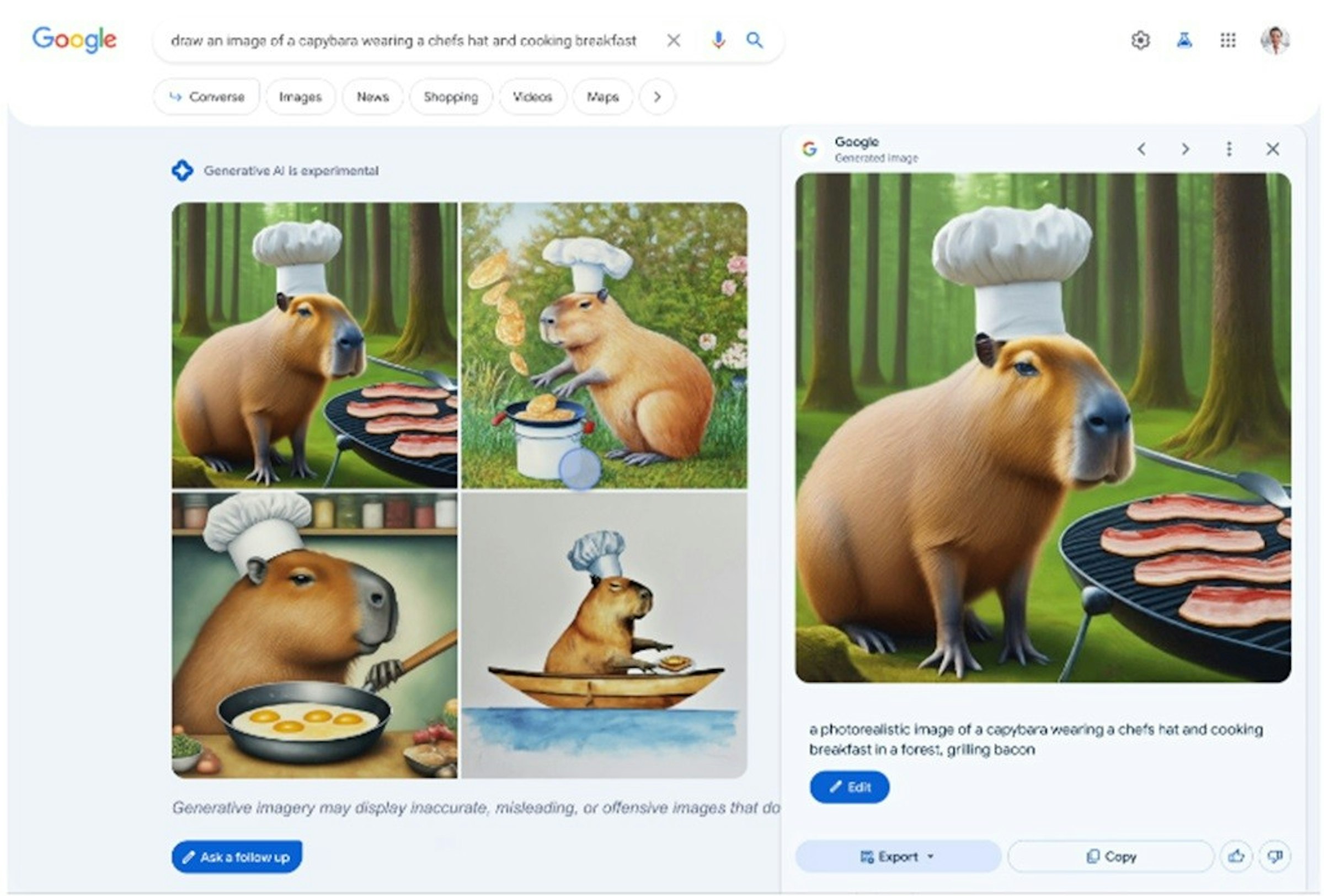 照片中提到了Google、draw an image of a capybara wearing a chefs hat and cooking breakfast X ↓ a、Converse Images News，包含了視頻、影片廣告、圖片、社交媒體、人工智能