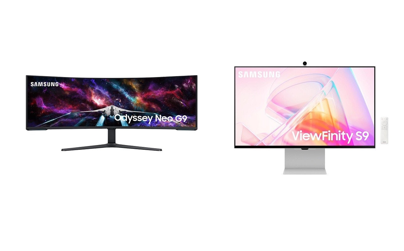 照片中提到了SAMSUNG、Odyssey Neo G9、SAMSUNG,包含了三星顯示器 2023、電腦顯示器、三星、三星電子、遊戲電腦顯示器