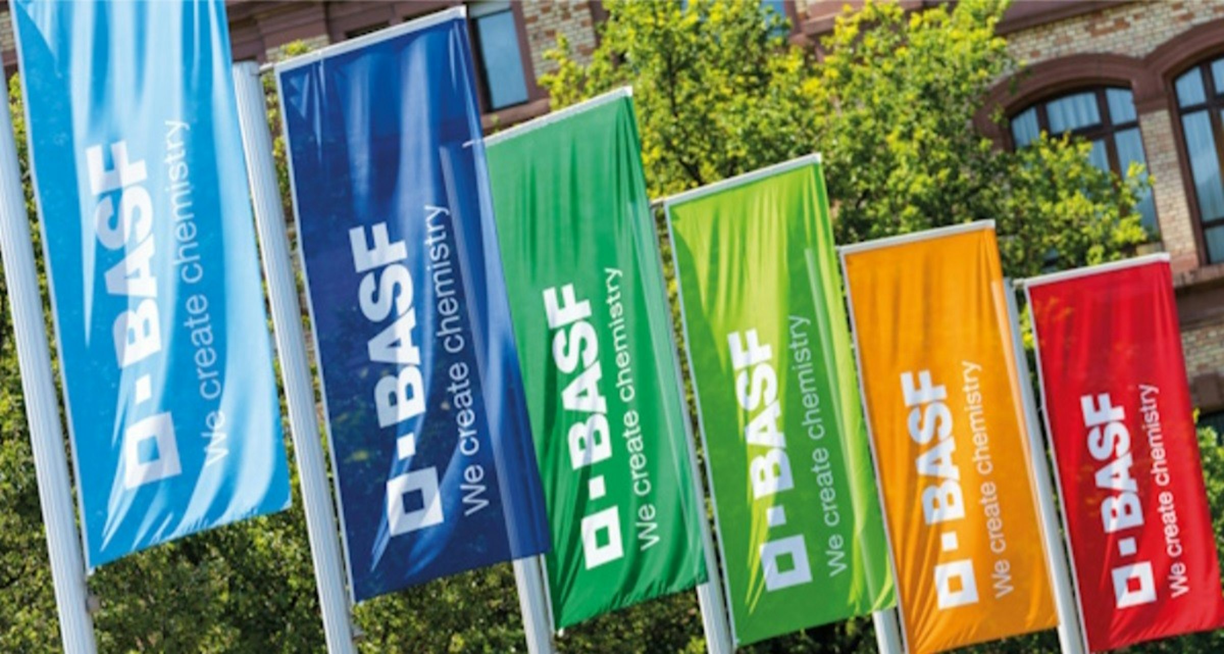 照片中提到了DEBASH、We create chemistry、D-BASF，包含了旗幟、短、旗幟、文本、標牌
