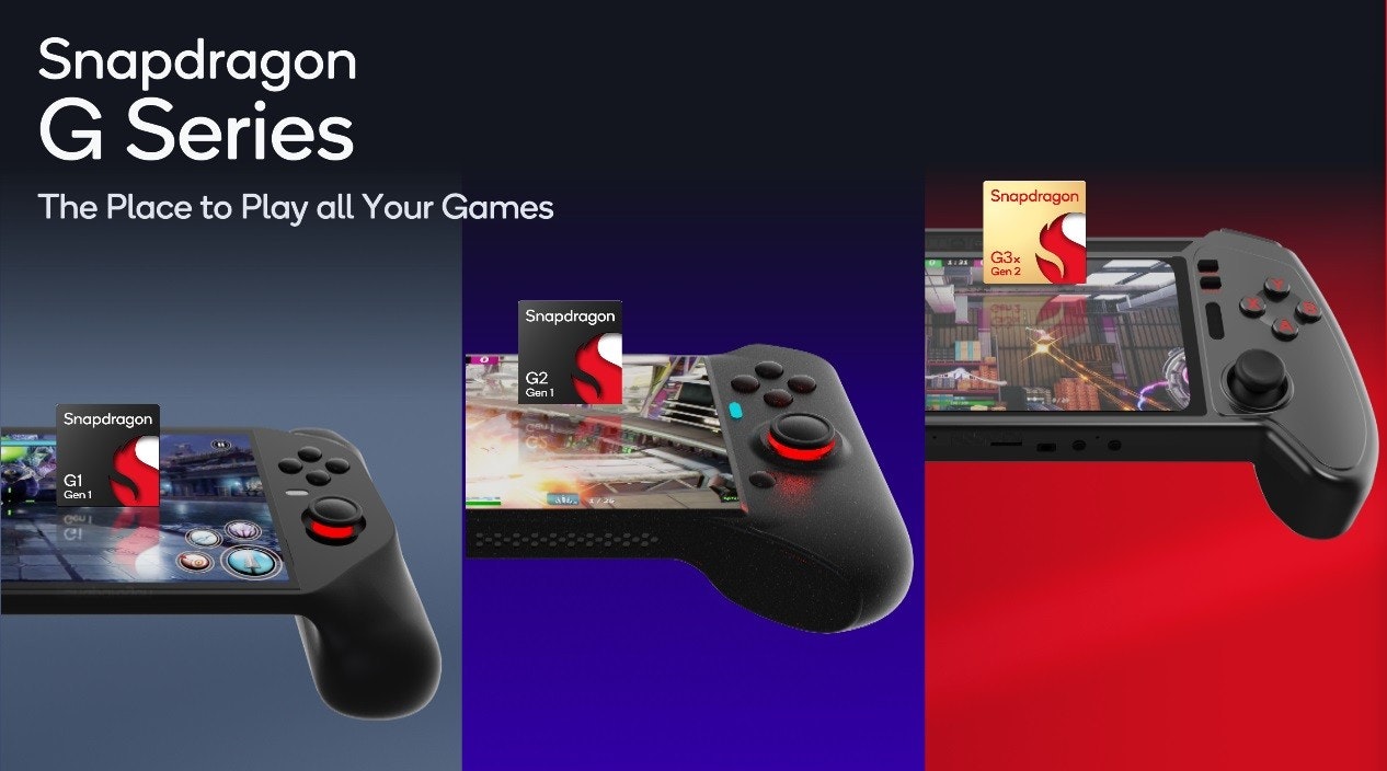 照片中提到了Snapdragon、G Series、The Place to Play all Your Games,跟高通公司有關,包含了遊戲控制器、電子遊戲機、遊戲控制器、便攜式遊戲機配件、電子產品