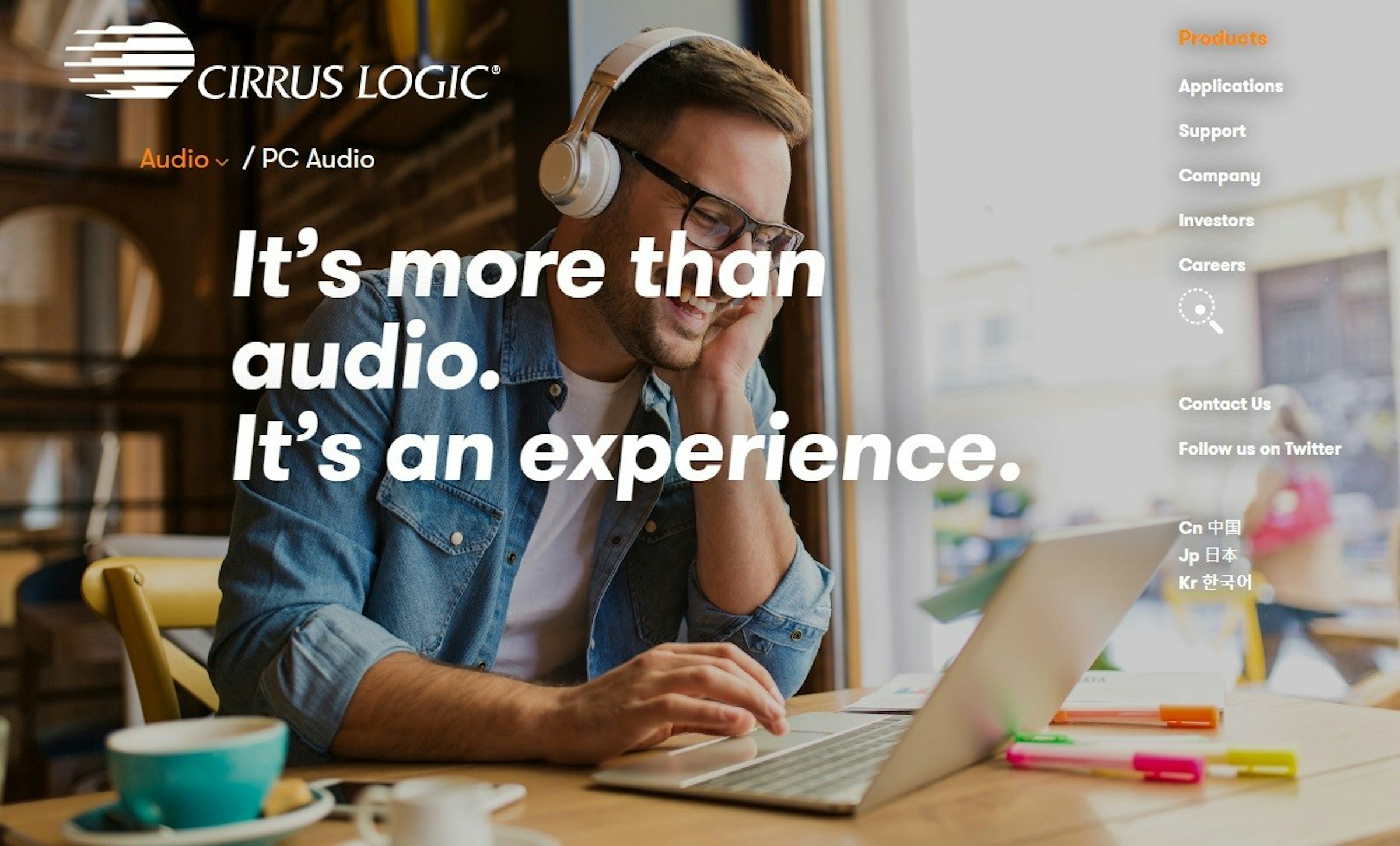 照片中提到了CIRRUS LOGIC®、Audio / PC Audio、It's more than，跟卷雲邏輯有關，包含了媒體專家、德格魯特商學院、媒體、播客、英語學習